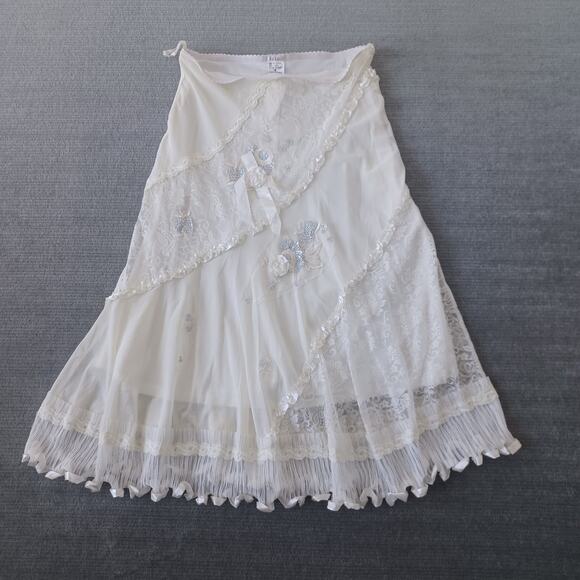 Y2K Iris Skirt Women M Cream Maxi Fringe Trim Boho Stretch Lined Fairy Coquette - Picture 1 of 11